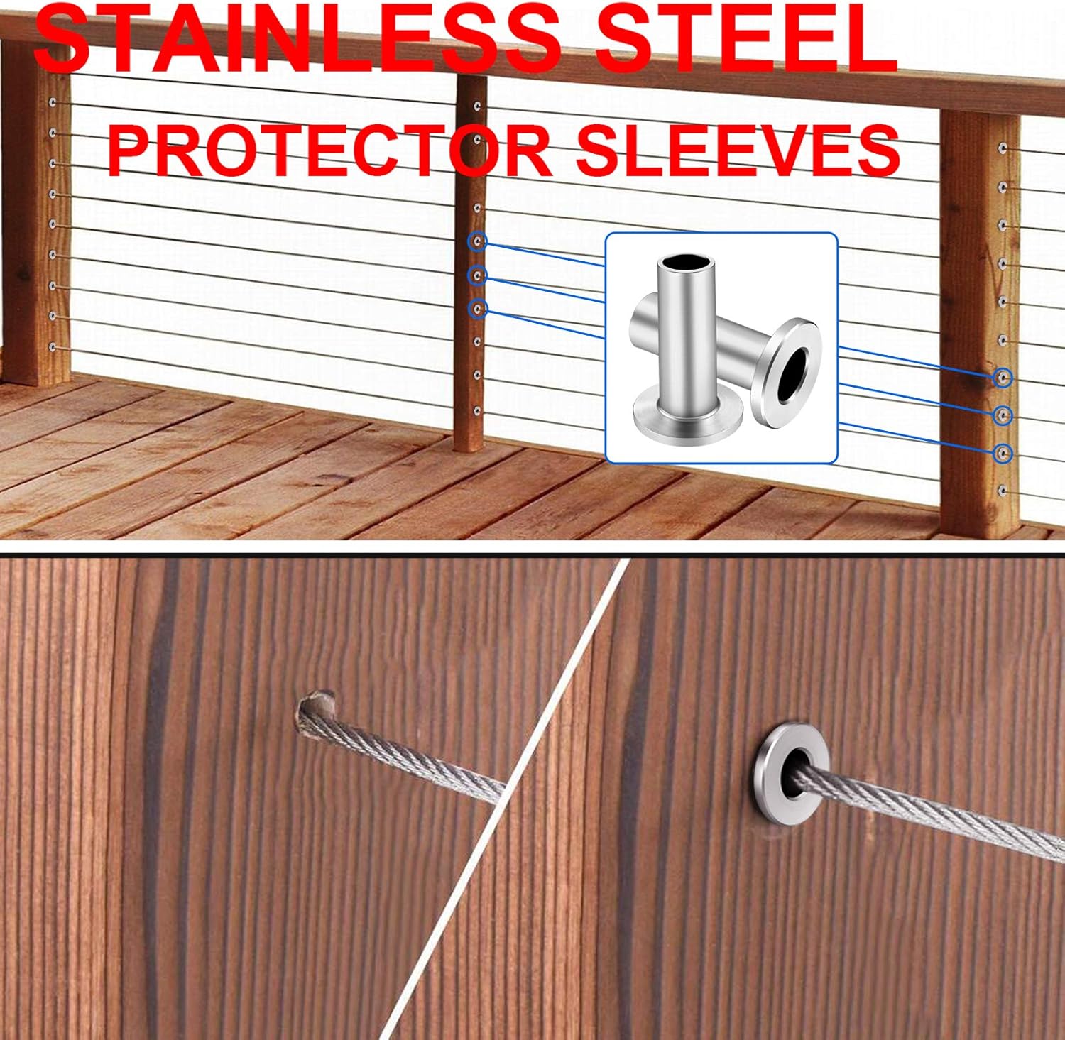 BLIKA 120 Pack Stainless Steel Protector Sleeves for 1/8 Wire Rope Cable Railing, Cable Railing Protector Sleeves, Deck Cable Railing Kits