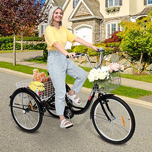 PEXMOR Adult Tricycle, 24/26 Inch 7 Speed 3 Wheel Bikes Tricycle for Adults, Adult Trike for Women/Men/Seniors, Three Wheel Cruiser Bike w/Folding Front & Rear Basket for Shopping/Recreation/Picnic