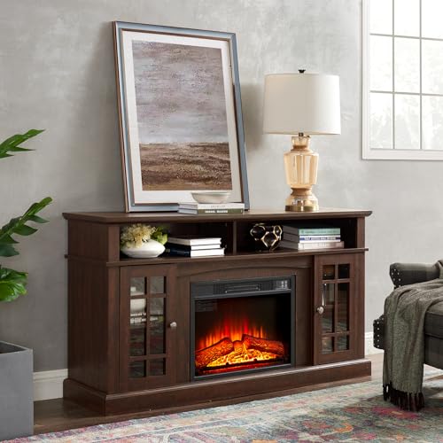 Farmhouse TV Stand with Electric Fireplace, Classic Electric Fireplace TV Cabinet Modern Entertainment Console with 23" Fireplace Insert for TV Up to 65" with Storage Space, Dark Grey