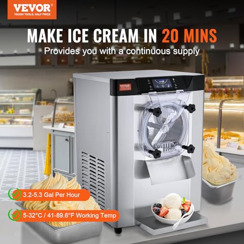 VEVOR Commercial Ice Cream Machine, 20-25L/H Yield, 2400W 1-Flavor Hard Serve Ice Cream Maker, 8L Stainless Steel Cylinder, Digital Display Auto Clean Adjustable Hardness, for Restaurant Snack Bars