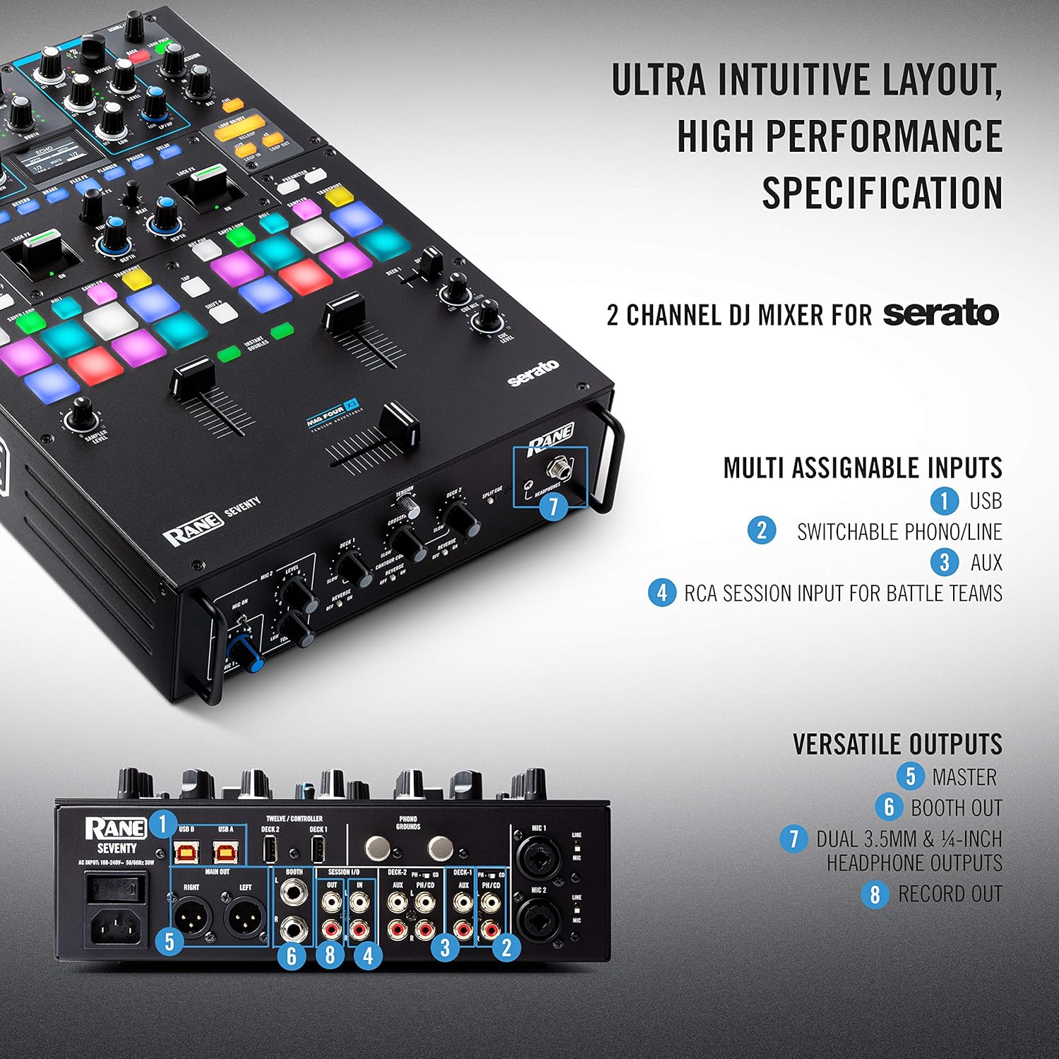 RANE DJ SEVENTY Serato Mixer Bundle with MPC Pads and Rane Twelve MKII Motorized Turntables