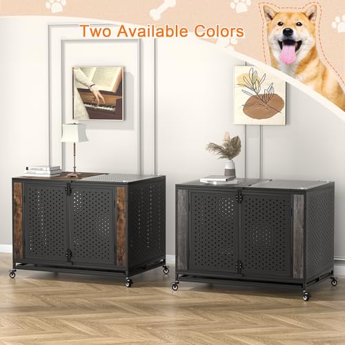 48" Heavy Duty Dog Crate Furniture for Extra Large Dogs, Enclosed Design with 0.5 inch Holes, Indestructible Metal Kennel for High Anxiety Dogs, Chew Proof Pet Cage House Indoor, Brown