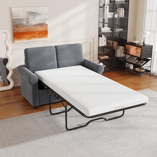 57.4" Pull Out Sofa Bed,Sleeper Sofa Bed with Premium Twin Size Mattress Pad,2-in-1 Pull Out Couch Bed with Two USB Ports for Living Room,Small Apartment, Gray (Old SKU:WF296899) Living Room Furniture