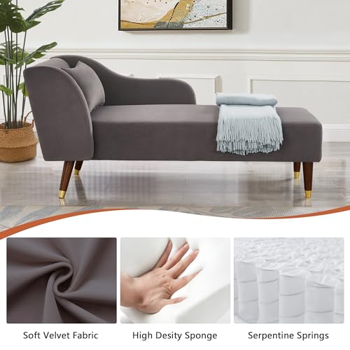 58" Chaise Lounge Indoor, Velvet Upholstered Left Arm Chaise Lounge Chair with Curved armrest & Pillow, Modern Bench Chaise Lounge Sofa for Bedroom Living Room Office, Beige