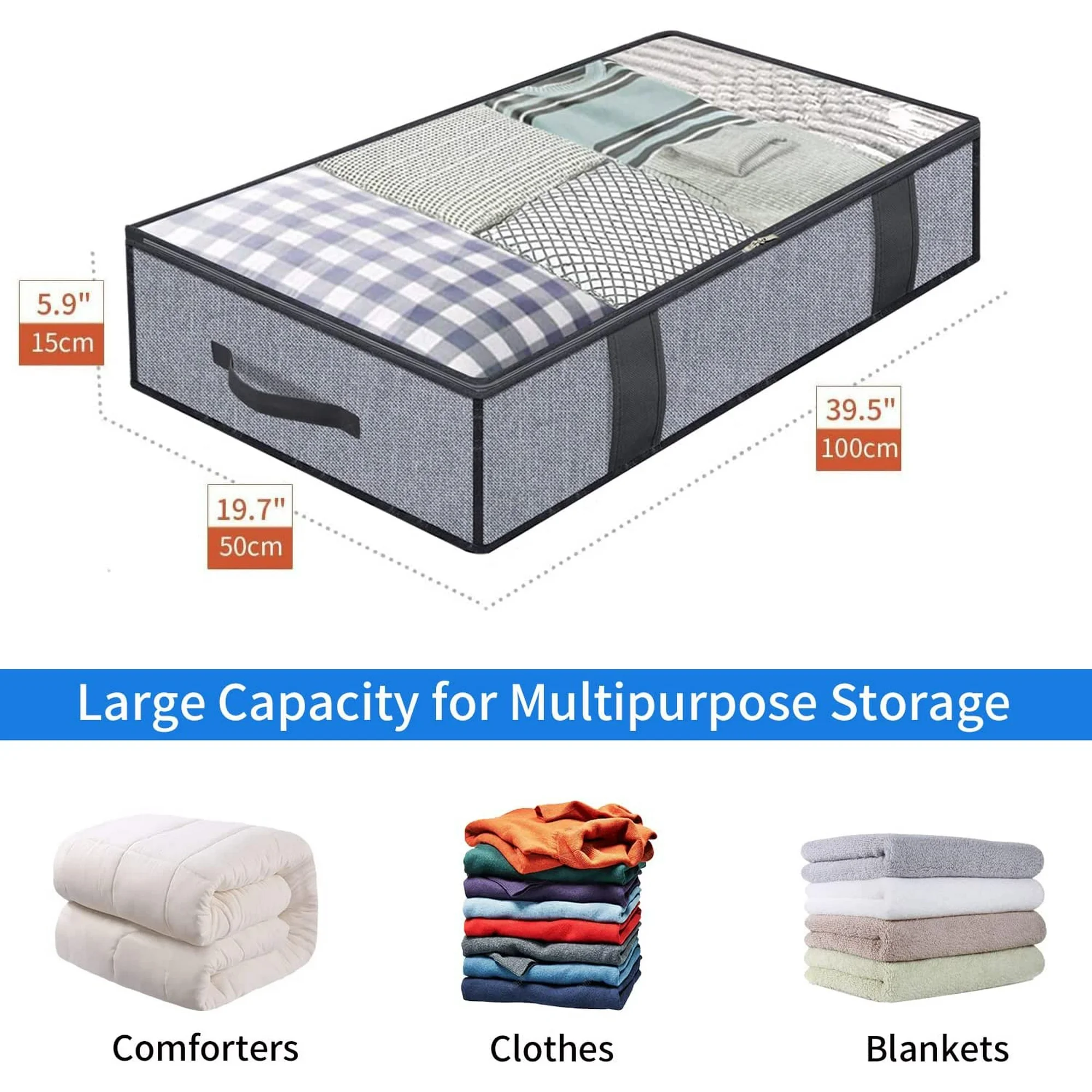 Foldable Underbed Bags - Blankets Clothes Comforters Storage Bag Breathable Zippered Organizer for Bedroom with Clear Window