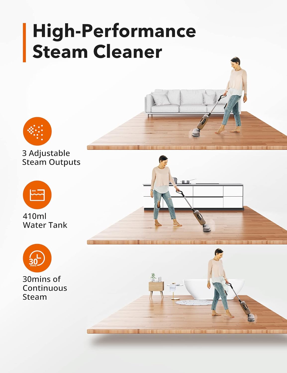 Aspiron Steam Mop Powerful Electric Steam Mops for Floor Cleaning with 410ML Water Tank,3 Steam Levels for Hardwood Floor Tile Laminate Kitchen Living Room Bedroom, Gray, Medium (AS-CA001)