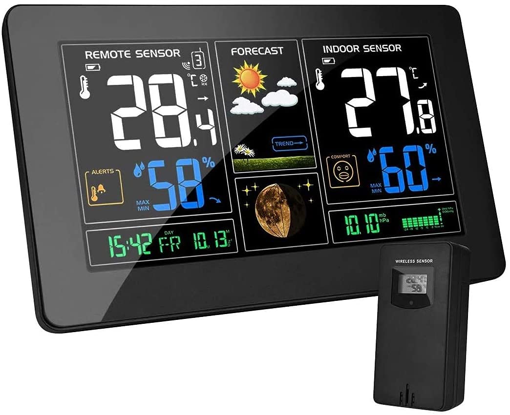 MOHOO Weather Station Wireless Home Weather Clock Indoor Outdoor Thermometer, Large Display Forecast Station with Adjustable Brightness and Barometer