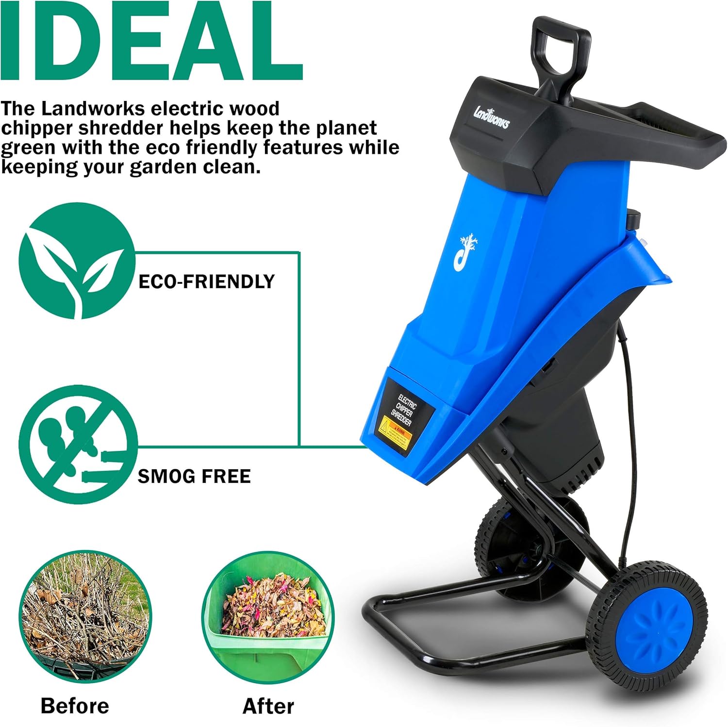 Landworks Wood Chipper Shredder Electric Light Duty 17:1 Reduction 15-Amp 1800 Watts 120VAC Dual Edge Blades for Lawn and Garden Use or Fire Prevention Building a Firebreak