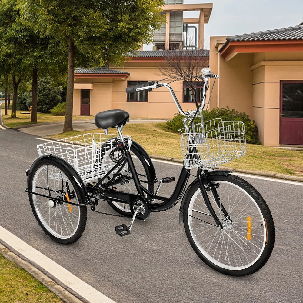OverPatio Adult Tricycle 7 Speed, 24 Three Wheel Bikes, for Seniors, Adults, Women, Men, Black