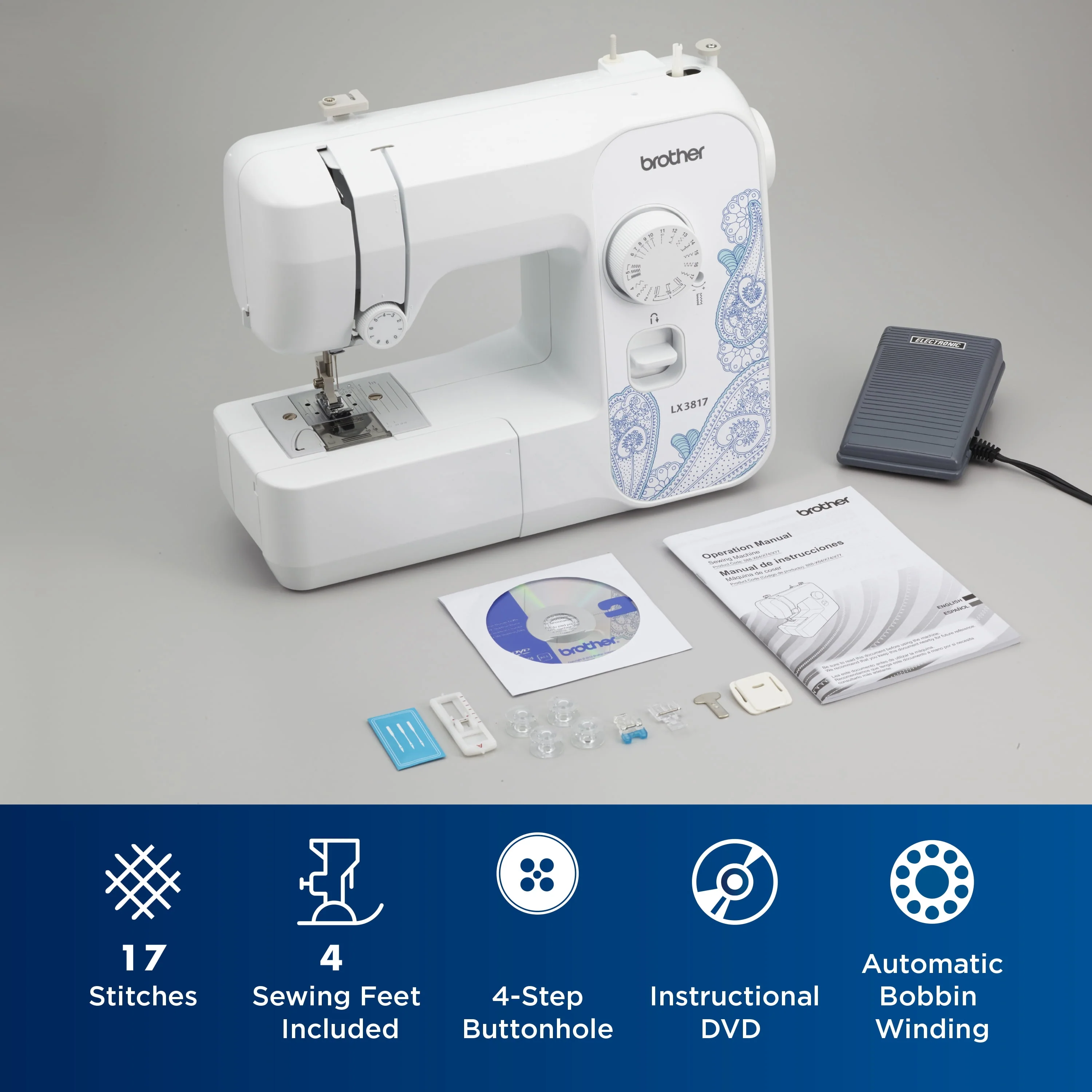 Brother LX3817 17-Stitch Portable Full-Size Sewing Machine, White