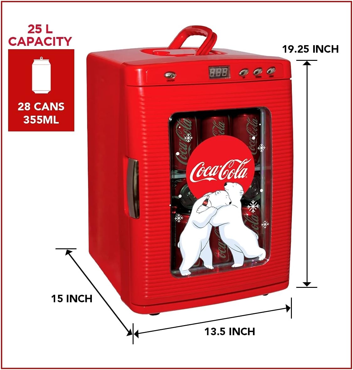 Coca-Cola Polar Bear 28 Can Cooler/Warmer w/ 12V DC and 110V AC Cords, 25L (28 qt) Portable Mini Fridge w/Display Window, Travel Refrigerator for Snacks Lunch Drinks, Desk Home Office Dorm, Red