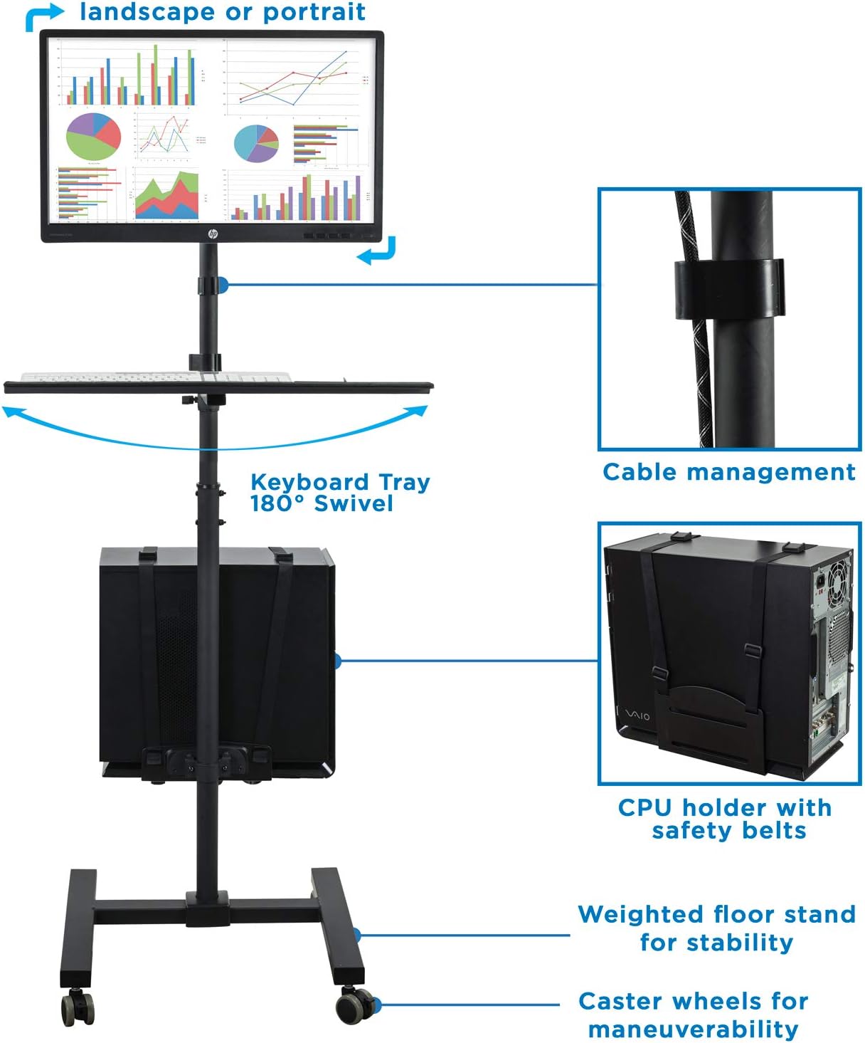 Mount-It! Rolling Computer Cart, Mobile Workstation with Tray Monitor Mount and CPU Holder, Height Adjustable and Mobile Stand for Office and Industrial Use