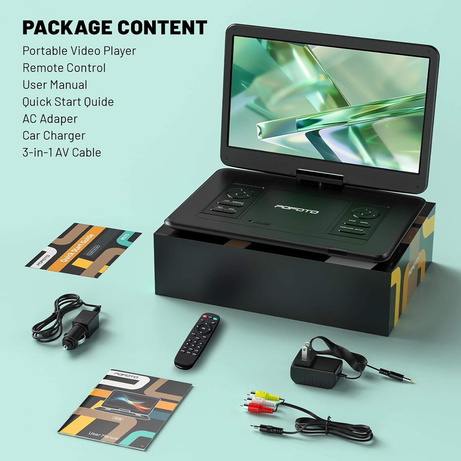 17.5” Portable DVD Player with 15.6” Large HD Screen, 6 Hours Rechargeable Battery, Dual Speakers, Region Free, Remote Control, Support Multiple Disc Formats Sync TV, USB/SD, Black