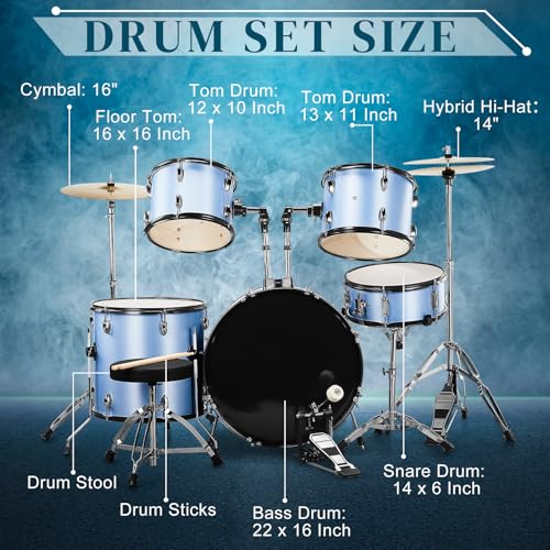 Ktaxon 22 Inch Adult Drum Set, 5-Piece Full-Size Drums Kit with Cymbal Stands, Hi-hat Stand, Sticks, Drum Pedal, Stool & Floor Tom for Beginner Teens Student (Blue)