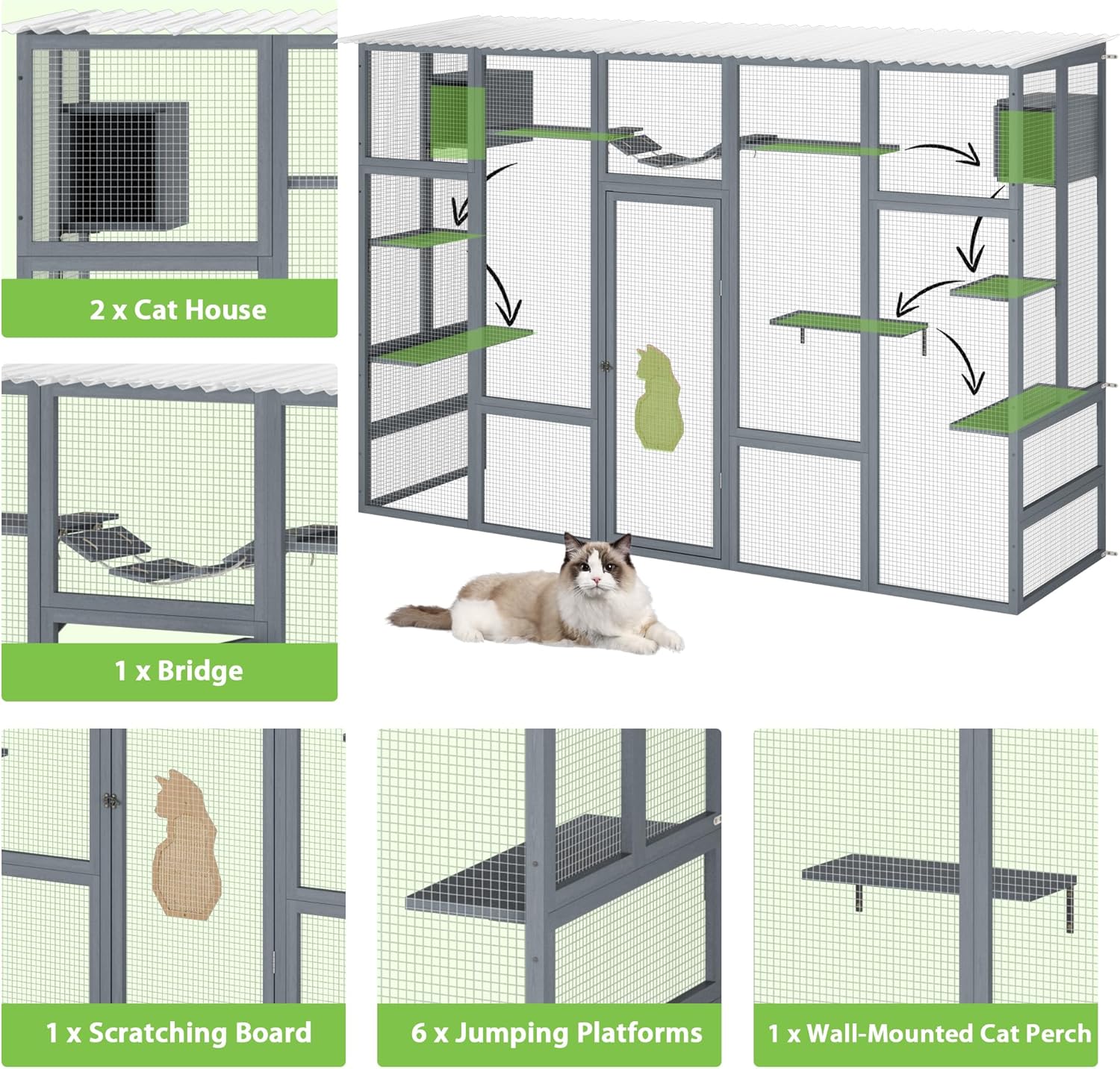 COZIWOW Catio Outdoor Cat Enclosure, 104" L Large Catio for Indoor Cats Window Access, Wooden Window Cat Catio with Weather Protection Roof, 6 Platforms, 2 Houses, Bridge, Scratching Board, Grey