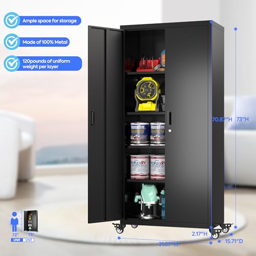 73" H Metal Storage Cabinet with Wheels, Garage Storage Cabinet with 4 Adjustable Shelves and Lockable Doors for Garage Home Office Utility Room,Required Assembly,Black