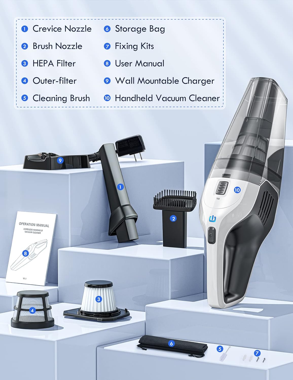 Handheld Vacuum 8000Pa, Wall-Mounted Rechargeable Powerful Hand-held Cordless Vacuum Cleaner with 30min Runtime, 3H Quick Charge Multipurpose Lightweight Hand Vacuum for Dust Carpet Stair Pet Hair