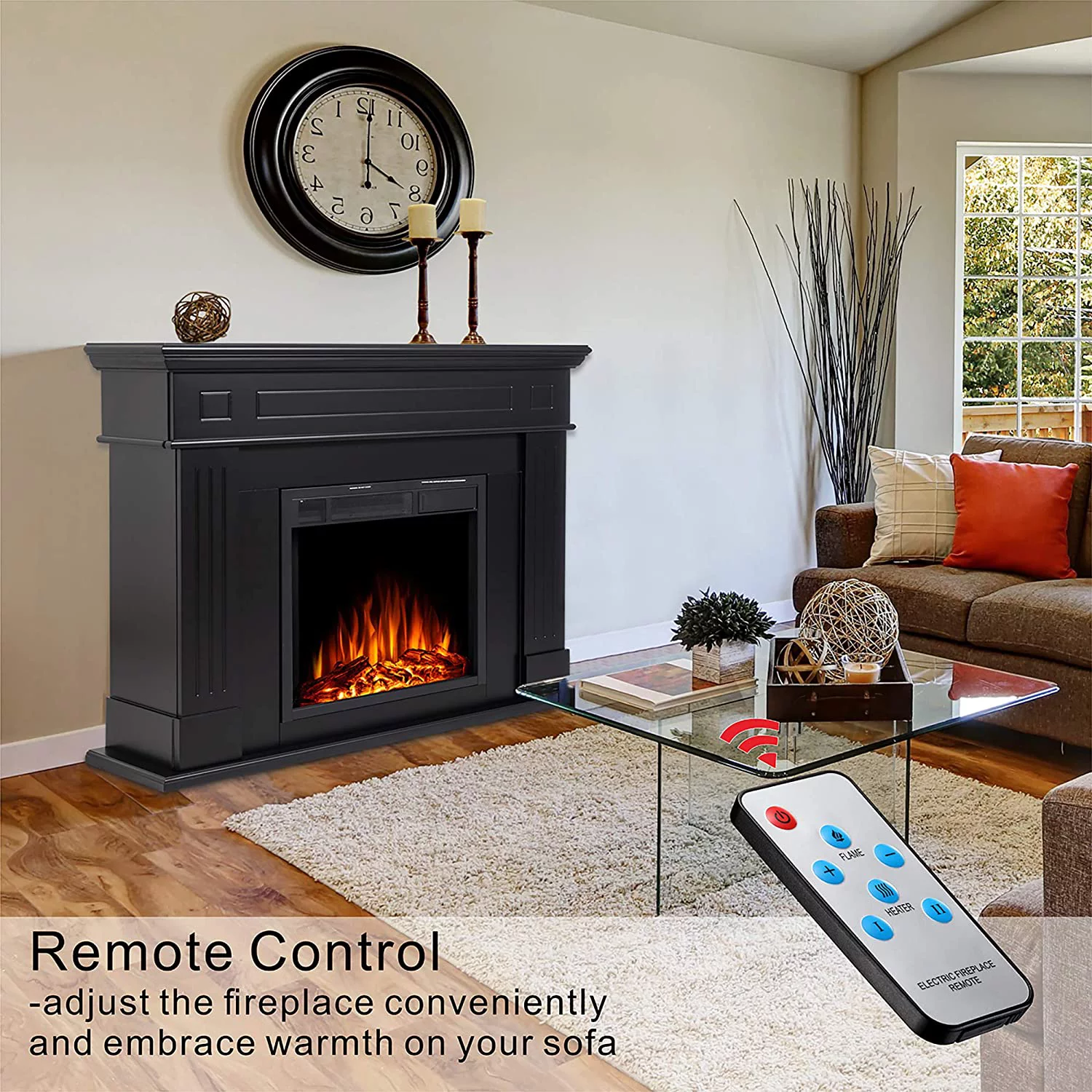 KISSAIR Electric Fireplace Mantel Package Wooden Surround Firebox TV Stand Free Standing Electric Fireplace Heater with Logs, Adjustable Led Flame, Remote Control, 750W-1500W (Black)