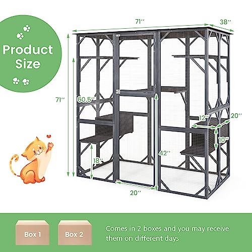 Tangkula Catio Outdoor Cat Enclosure Large, 72 Inch Tall Wooden Cat House with Weatherproof Asphalt Roof, Cat Cage Playpen on Wheels with 4 Platforms & 2 Resting Boxes, Walk-in Cat Kennel Condo