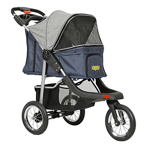 VIAGDO Premium Heavy Duty Dog Stroller for Small Medium Dogs & Cats, 3-Wheel Pet Stroller, Foldable Cat Strollers with Suspension System/Link Brake/One-Hand Fold, Max. Loading 55 LBS Black Red