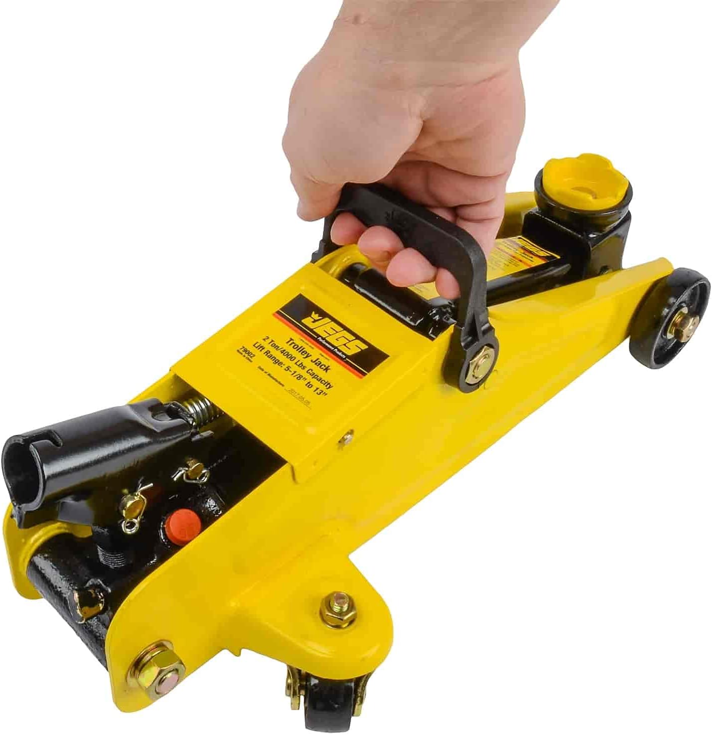 JEGS Hydraulic Utility Floor Jack and Jack Stands | 2-Ton Capacity | Heavy Gauge Steel Frames | Powder Coated Black and Yellow | Heavy Duty Caster Wheels on Floor Jack
