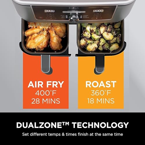 Ninja DZ201 Foodi 8 Quart 6-in-1 DualZone 2-Basket Air Fryer with 2 Independent Frying Baskets, Match Cook & Smart Finish to Roast, Broil, Dehydrate & More for Quick, Easy Meals, Grey