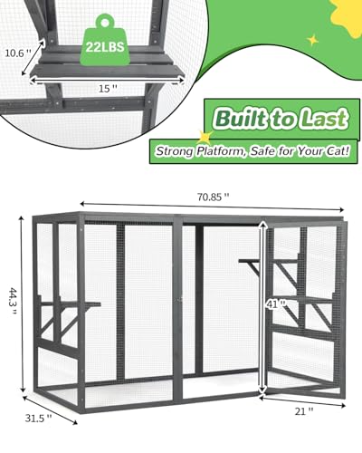 Catio Outdoor Cat Enclosure,71" L Outside Cat House Weatherproof, Wooden Large Catios for Cats Patio, Cat Houses with 3 Platforms,Grey