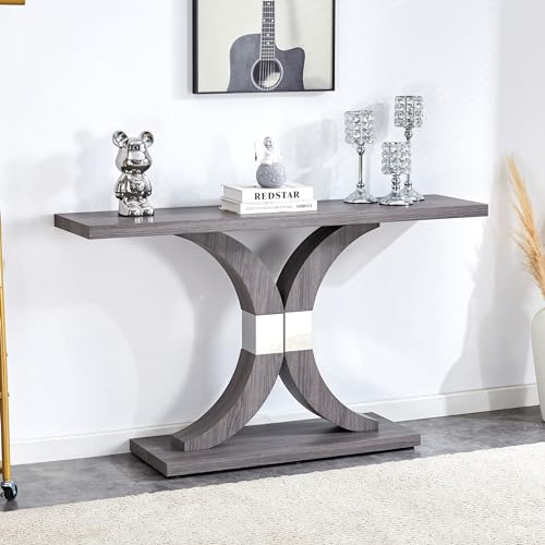 Modern Gray Console Table, 55 inch Narrow Entryway Foyer Table with Geometric Base, Vintage Sofa Table, Rustic Hallway Accent Table for Living Room, Entrance, White and Gold