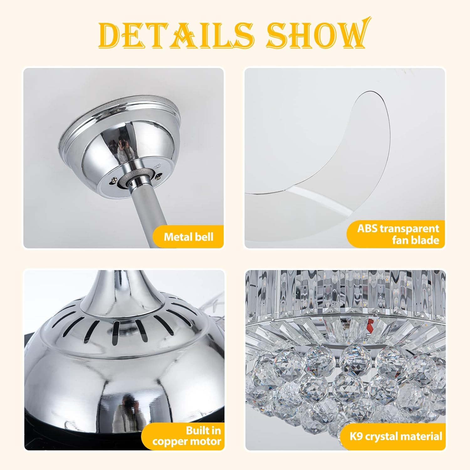 36 Inch Crystal Ceiling Fans with Lights, Modern Dimmable Fandelier LED Remote Control Retractable Invisible Blades Indoor Reversible Ceiling Light Kits with Fans for Decorate Living Room Bedroom