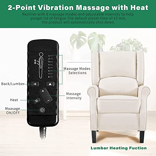 LEISLAND Wingback Recliner Chair for Living Room, Fabric Recliner Chair with Heat and Massage, Tufted Armchair for Reading and Napping,Beige
