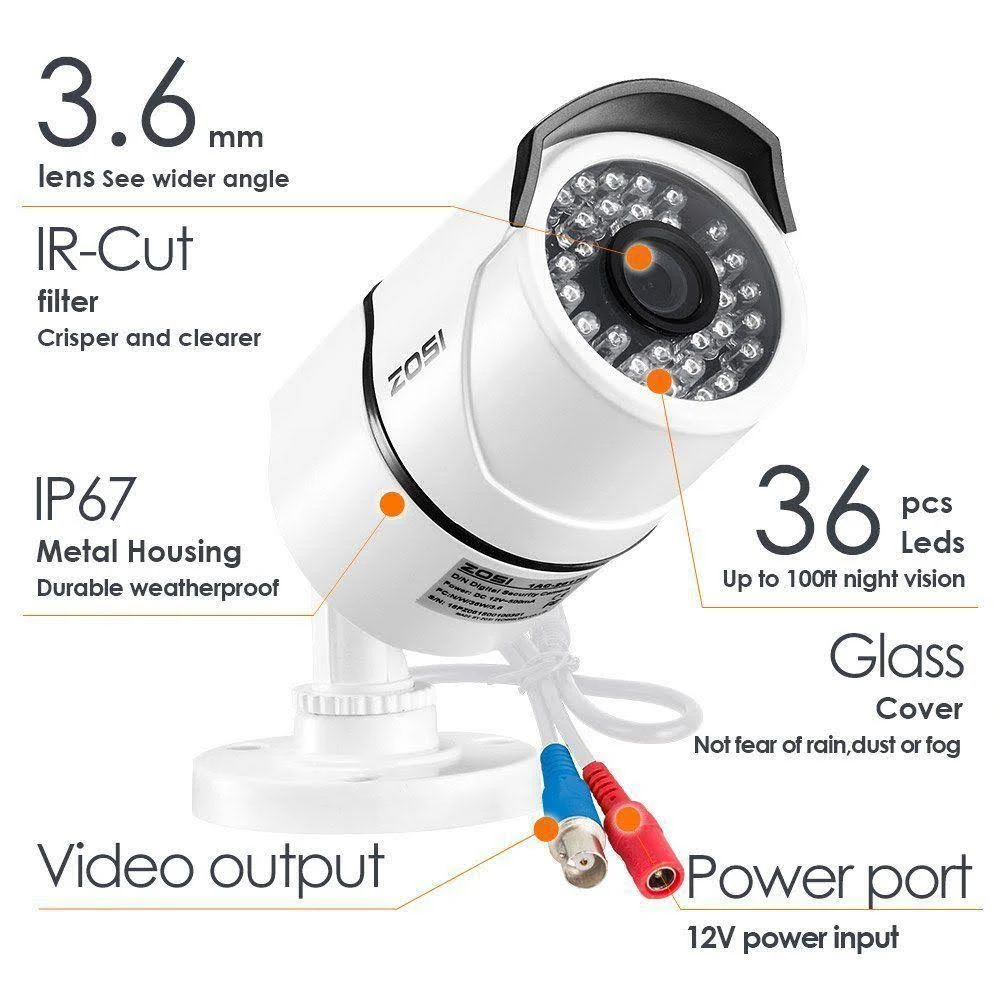 ZOSI 8-Channel 1080p 1TB DVR Security Camera System with 4 Wired Bullet Cameras, Black/White