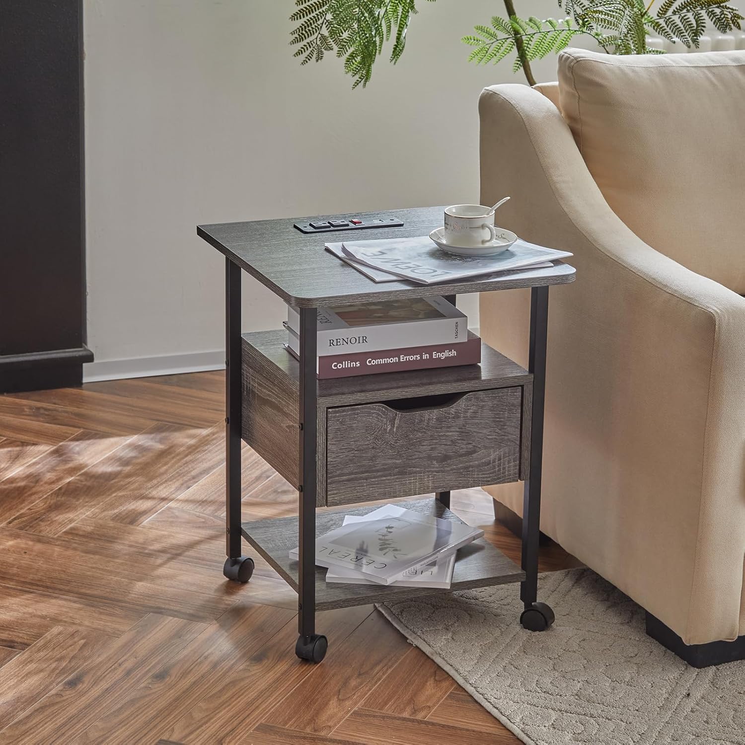 Nightstand Set of 2 with Charging Station, Wheels, USB Ports, Outlets, and Drawer Compact Side Table for Small Spaces End Table with Storage Shelves Portable Bedside Table MDF Metal Furniture Grey