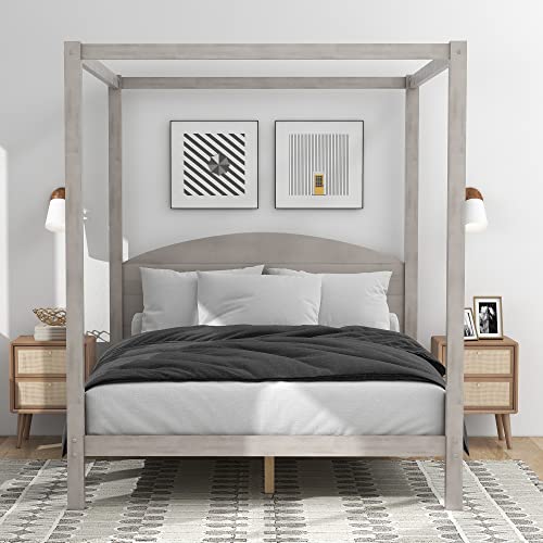 Full Size Canopy Platform Bed, Modern 4-Poster Panel Beds Frame, with Headboard and Support Legs, Noise Free/No Box Spring Needed, Grey Wash,bed frame(Brown,Full)