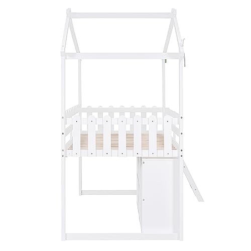 CITYLIGHT Twin Size House Loft Bed with Storage Cabinet and 3 Drawers, Wood Loft Bed Twin with Roof, Blackboards and Guardrail, Kids Playhouse Bed Twin for Teens, Boys, Girls, Grey