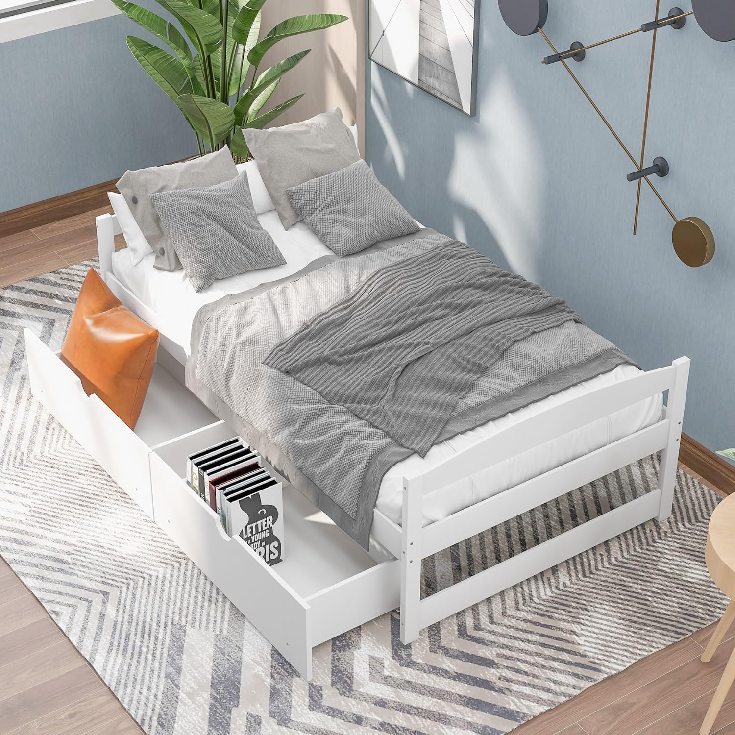 Twin Size Daybed with 2 Drawers, Wood Storage Bed Frame Twin Size Platform Bed Frame with Storage Solid Pinewood Bedframe with Drawers No Box Spring Needed White