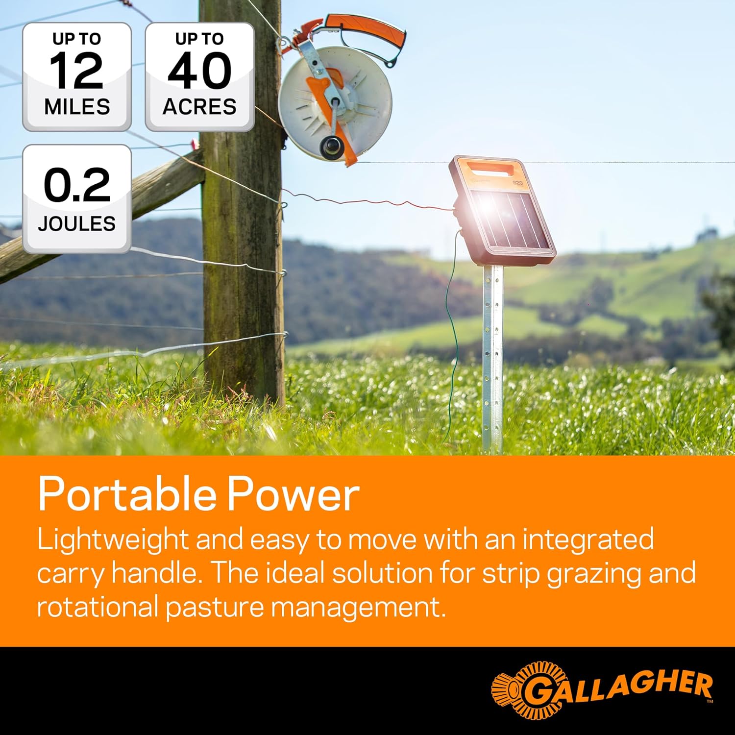 Gallagher S20 Solar Electric Fence Charger | Powers Up to 12 Miles / 14 Acres of Fence | Solar Lithium Technology | 0.2 Joule Solar Energizer for Poultry, Livestock, Gardens, and Pets