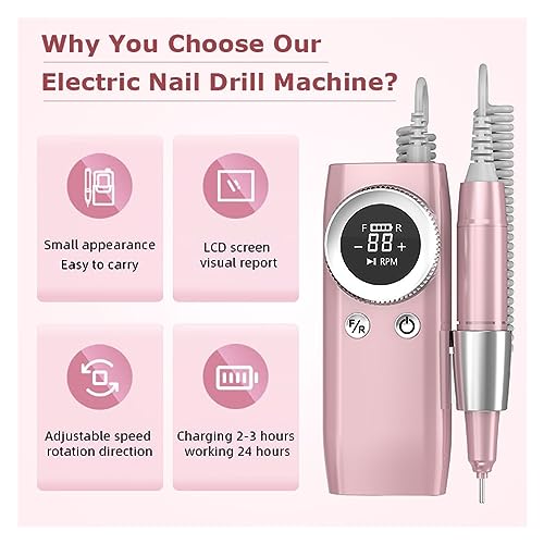Nail Drill, 45000RPM Nail Drill Machine Electric Nail Polishing Machine with LCD Display Professional Nail Lathe for Manicure Gel Polishing Professional Nail Tools (Bianco A)
