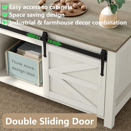 Lift Top Coffee Table with Storage, 47.3'' White Farmhouse Center Table with Sliding Ironmesh Doors, Rustic Brown Top Rectangular Coffee Table for Living Room
