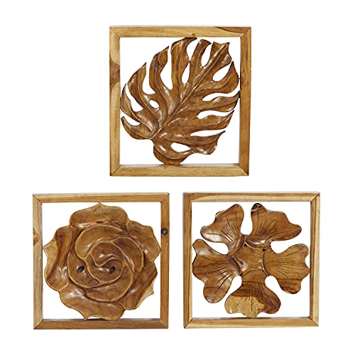 Deco 79 Teak Wood Abstract Handmade Home Wall Decor Live Edge Wood Slab Wall Sculpture, Set of 6 Wall Art 14" W, 16" H, Brown