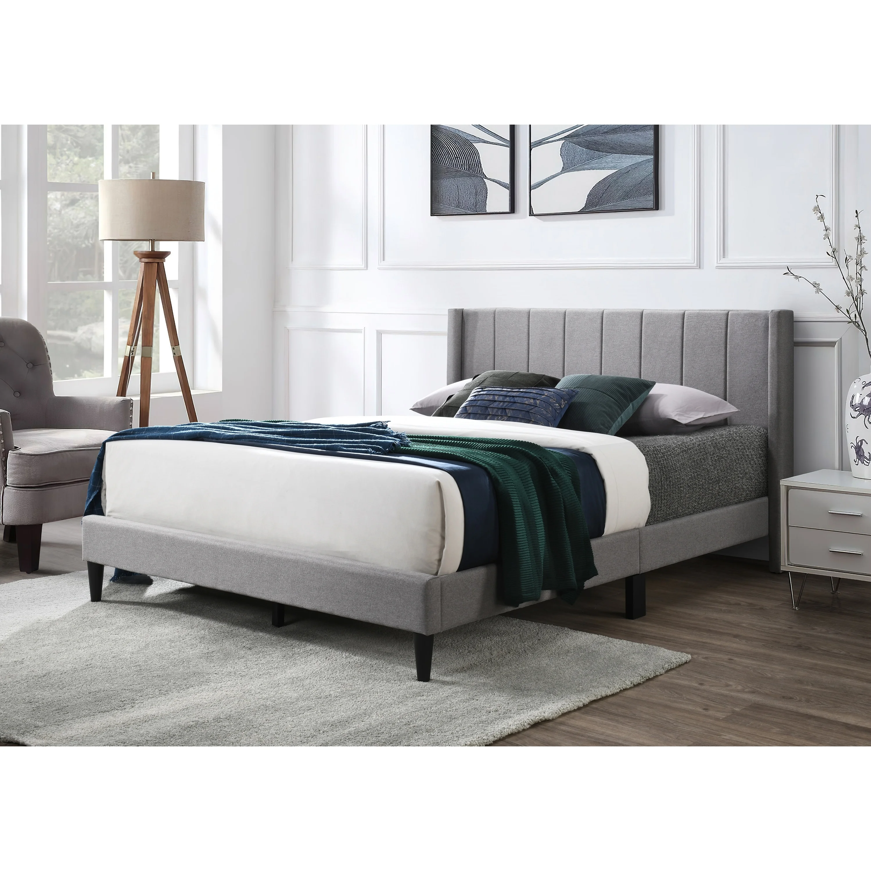Isabella Vertical Tufted Channel Wingback Platform Bed GreyLinen - King
