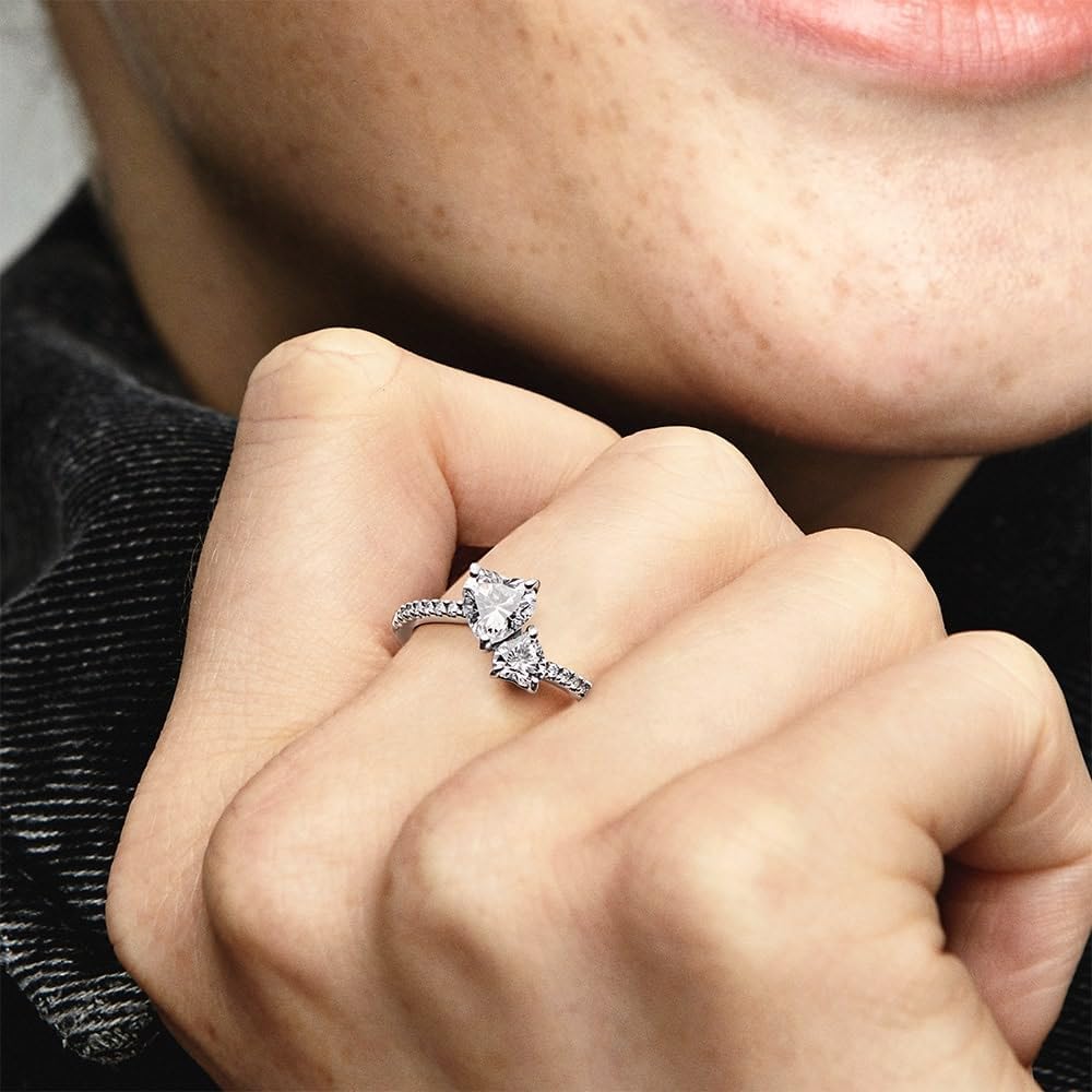 Pandora Double Heart Sparkling Ring - Sterling Silver Ring for Women - Gift for Her - Sterling Silver with Clear Cubic Zirconia - Size 7.5