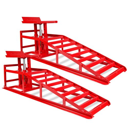 2PCS 5 Ton Hydraulic Car Ramps, Heavy Duty 3-Position Adjustable Vehicle Lift Ramps 9.3"-14" Height, Anti-Slip Steel Ramps for Oil Changes & Garage Repairs, Red