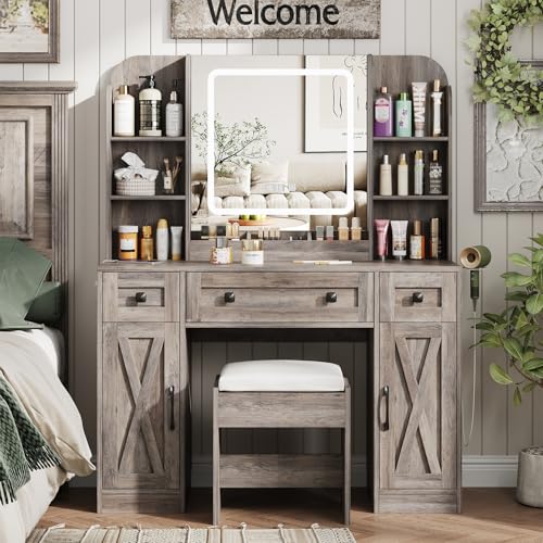 Vabches Makeup Vanity Desk, Vanity Mirror with Lights Desk and Chair,Makeup Table with 3 Large Drawers and 2 Cabinets, Time and Temperature Display, 3 LED Lighting Modes Adjustable, White