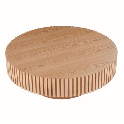 Walnut Wood Coffee Table 31.49" Round Handcraft Drum Coffee Table with Vertical Texture Relief Design Modern Circle Pedestal Tea Table Cocktail Table Center for Living Room,Apartment