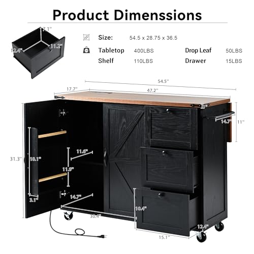 54.5" Farmhouse Mobile Kitchen Island with Power Outlet, Drop Leaf, Spice Rack and Drawer - Rolling Kitchen Cart with Ample Storage, Rustic Storage Islands for Home and Dining Room