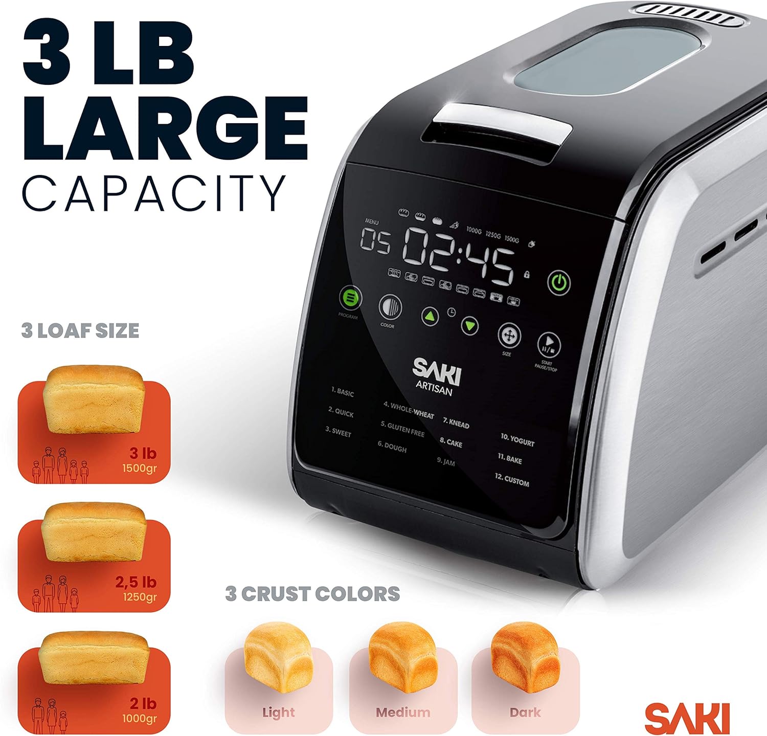 SAKI 3 LB Large Bread Maker Machine, 12-in-1 Programmable Large Bread Machine, with Nonstick Ceramic Bread Pan & Large Digital Touch Panel, 3 Loaf Sizes with 3 Crust Colors Options, Keep Warm Mode