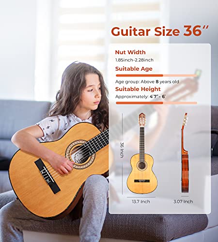 Classical Guitar Full Size 4/4 Spanish Style Classical Guitarra, 39 Inch Nylon Strings Guitar Ideal for Beginner Adults, Solid Cedar Top, by Vangoa