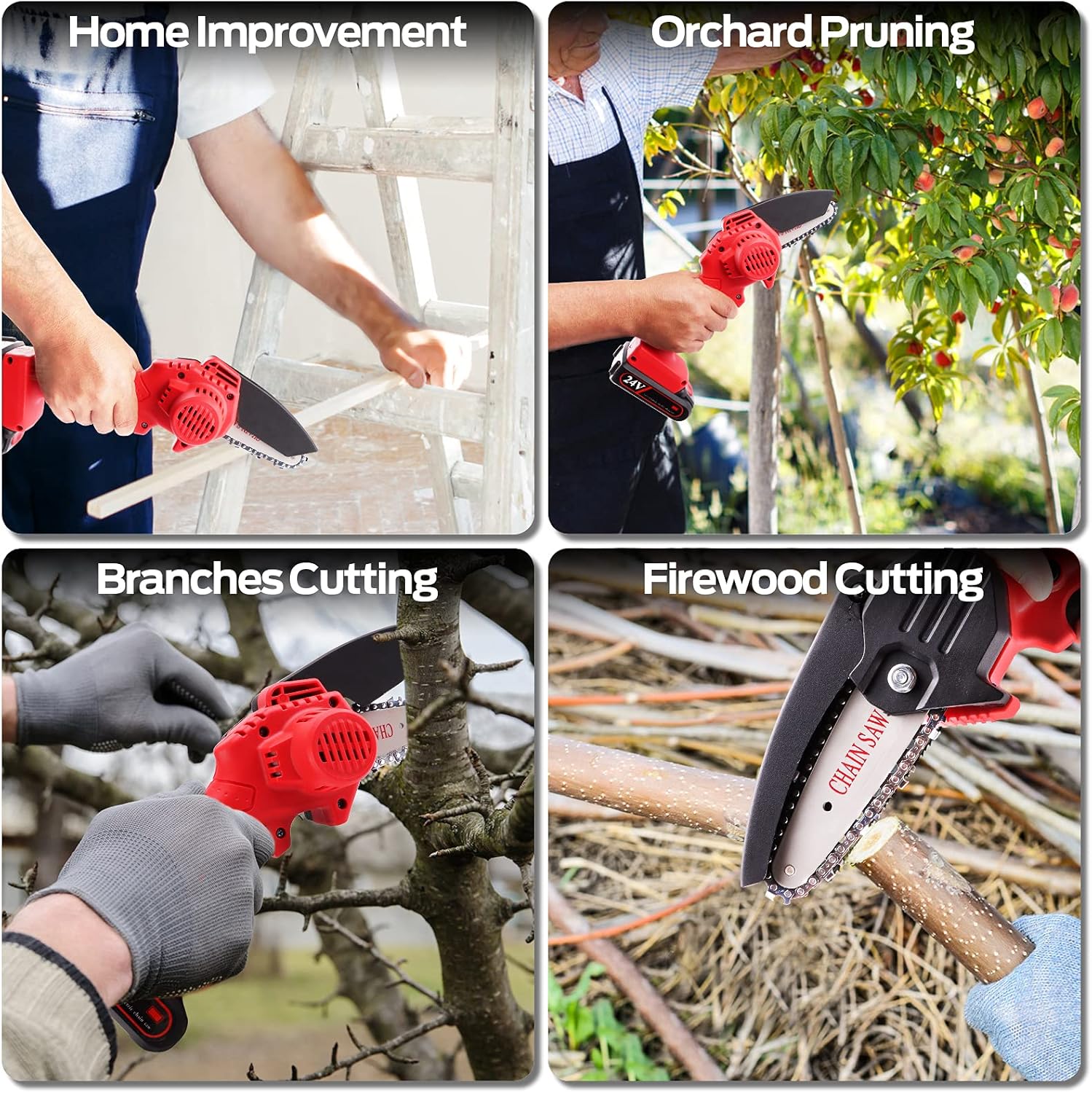 Mini Chainsaw, RLSOO Upgraded 4-Inch 24V Battery Powered Cordless Chainsaw, Portable One-Handed Rechargeable Electric Chainsaw for Tree Trimming Branch Wood Cutting（2 Batteries, 2 Chains Included） Pack of 2
