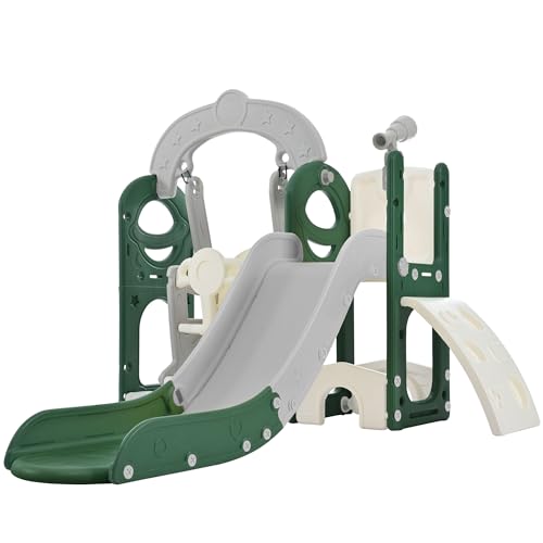 6 in 1 Toddler Slide with Swing Playset, Climbing Toys Indoor Outdoor for Toddlers 1-3, Kid Slide with Swing with Climber Basketball Hoop & Telescope, Freestanding Baby Playground