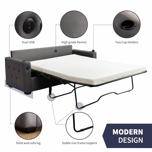 2-in-1 Pull Out Sofa Bed, Convertible Loveseat Sleeper Couch, Pull Out Couch w/Memory Foam Mattress & Metal Bed Frame, Sleeper Sofa Bed w/Cup Holders & USB for Living Room-Queen,Beige